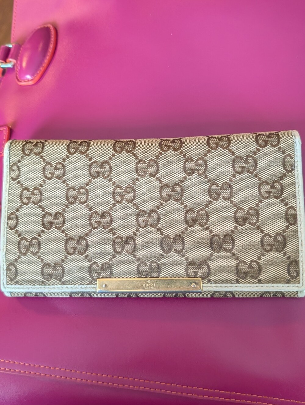 Gucci Beige Brown GG Canvas Continental Wallet with Gold Plate